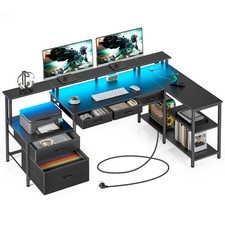 L Shaped Computer Desk with USB Ports Power Outlets LED Strip Drawers & File