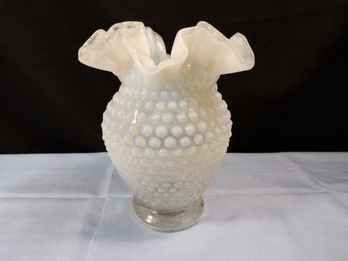 Fenton French Opalescent Hobnail Glass Double Crimped Vase 6" Tall INV11