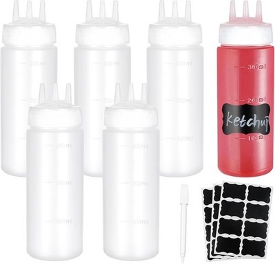 6 PCS 300ml/10oz Plastic 3 Hole Squeeze Bottle with 24 Stickers and 1 Mark Pen,