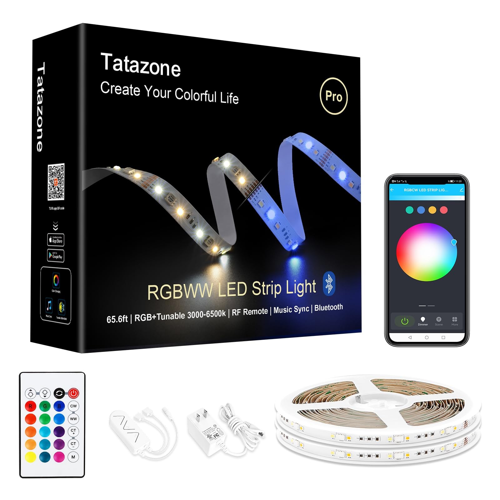 65.6ft RGBWW Bluetooth LED Strip Lights with Tunable White 3000K-6500K and RGB Colors