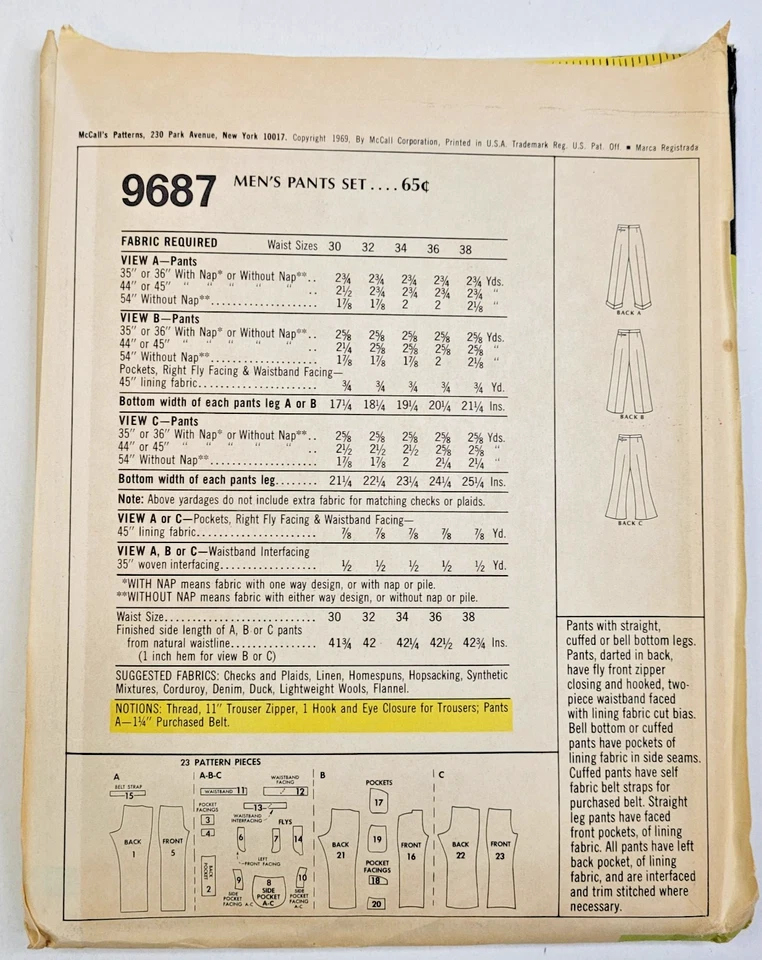 VTG 60s McCalls Sew Pattern 9687 Mens Set of Pants Bell-Bottoms Waist 34 UNCUT - Image 2 of 3