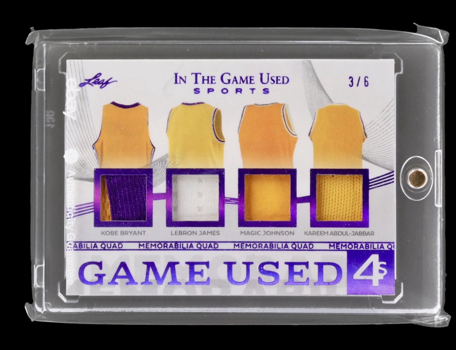 🔥RARE /6 KOBE LEBRON MAGIC KAREEM LAKERS GAME USED JERSEY 2025 LEAF QUAD PATCH