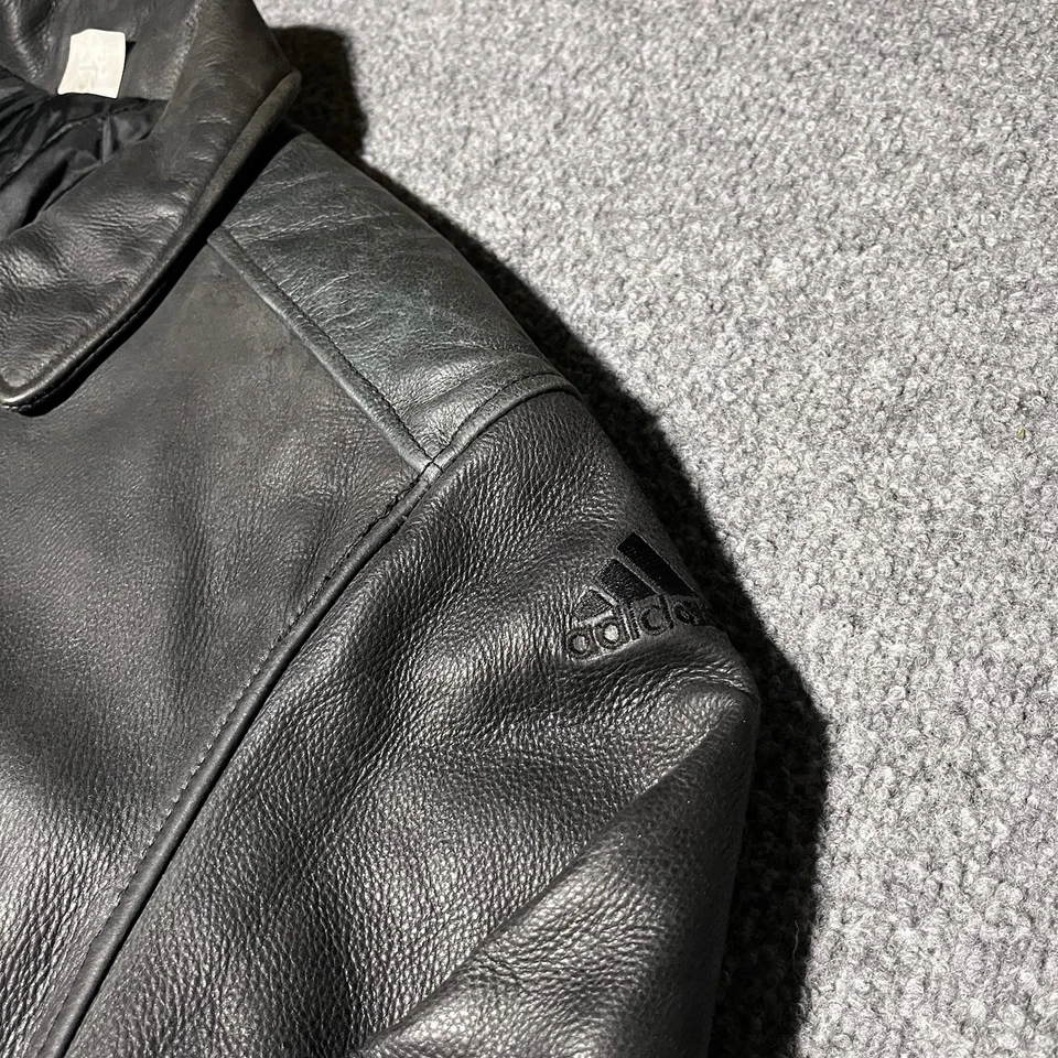 Vintage Adidas Leather Jacket Mens XL ￼Bomber Black Biker Quilt Lined 90s - Image 3 of 4