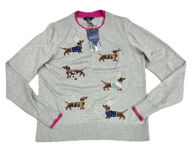 JOULES Mariella Christmas Jumper Size Grey Festive Dachshund Dog