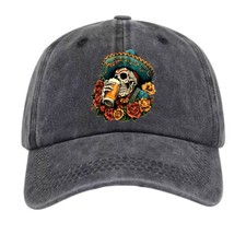 Day of the Dead Skeleton Beer Washed Dad Hat, Mexican Sugar Skull Baseball Cap