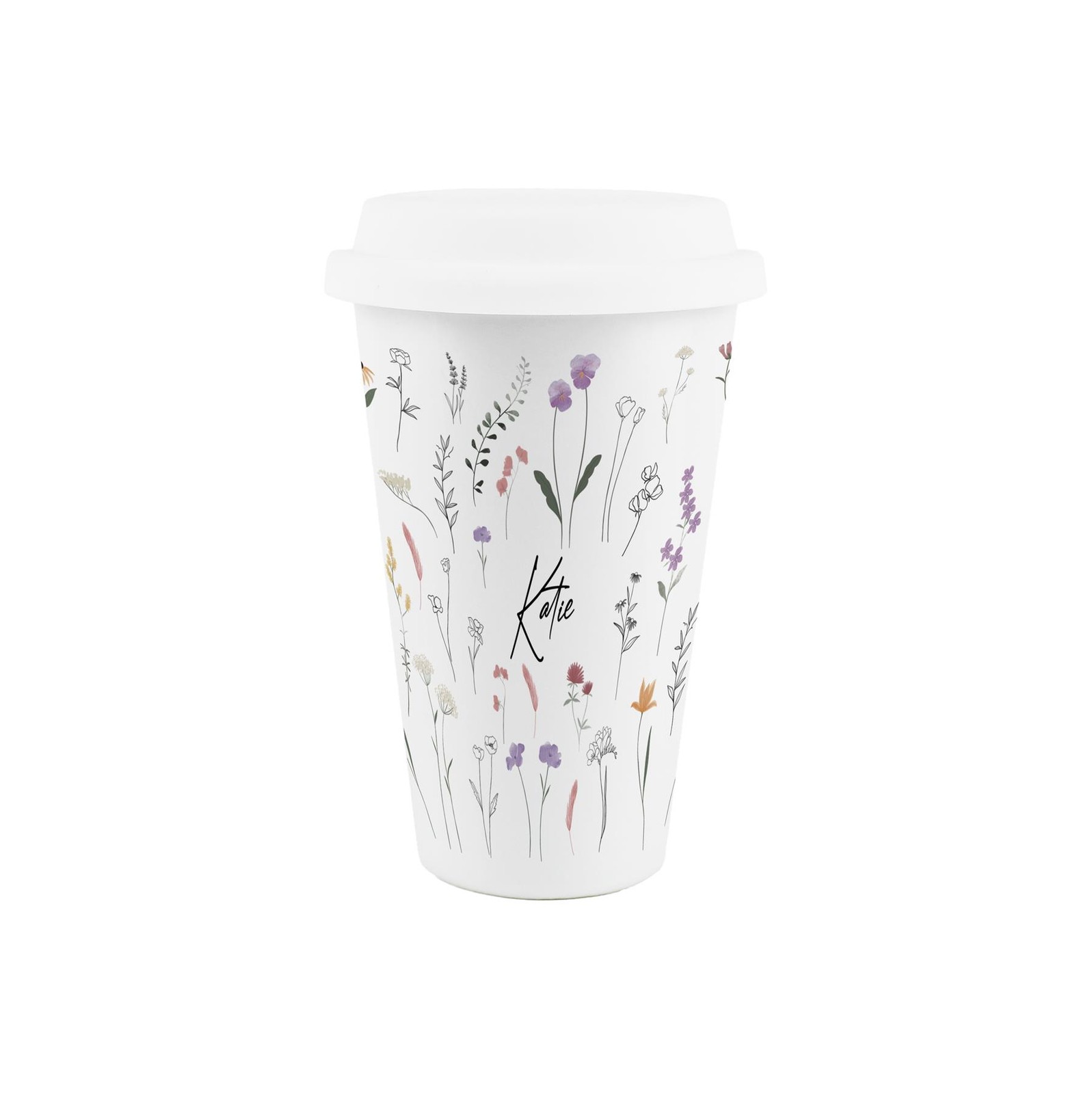 Personalised Delicate Flowers Ceramic Travel Mug - Reusable Insulated Drinks Mug