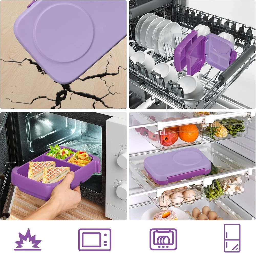 Kids Bento Lunch Box with Built-in Ice Pack - 3 Compartments for School Meals
