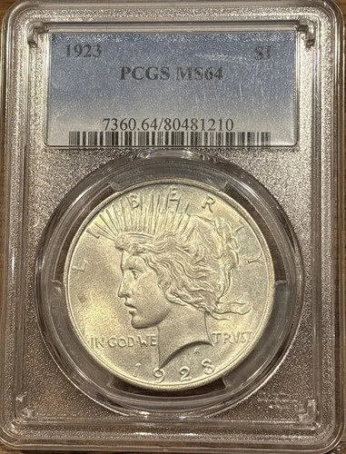 PCGS MS64 1923 P Peace Dollar .9 Silver U.S. Coin Blast White