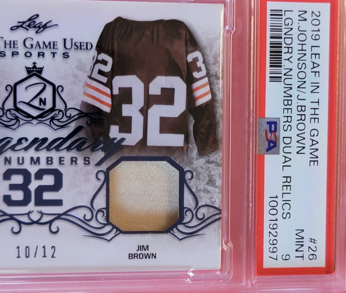 Jim Brown GAME USED JERSEY CARD #d10/12 PSA MINT 9 Magic Johnson 2019 LEAF #32 view 3