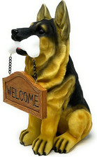 German Sheperd Dog Puppy Statue with Reversible Welcome Sign and Go Away Sign Re