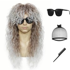 Rock Wig for 70s 80s Costume Men and Women Curly Wavy Rocker Wig with Bangs