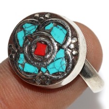 Tibetan Turquoise Red Coral Nepali Tribal Ring Handmade Size US FreeSize GW
