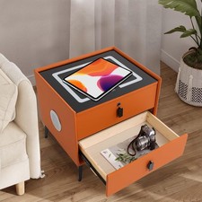 Orange Smart Wooden Nightstands W/ Fingerprint Lock Drawer USB Port and Speaker