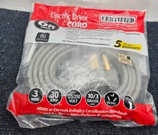 Certified Appliance Accessories ‎90-1024: 6ft Electric Dryer Cord, 30A 125/250V