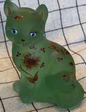 Fenton Sitting Cat-OOAK-Satin Green-Oranges Fall colors-Leaves, Flowers