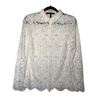 BCBG MAXARIA Elegant Button Down Ivory Scallop Lace Blouse SMALL - Excellent VTG