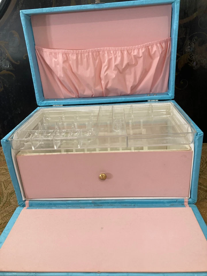 Caja de Costura MCM 1960 Vintage - Vinilo Acolchado Azul Turquesa Retro - Interior Rosa Foto 3 de 4