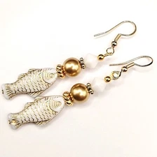 White Gold Fish Czech Glass Earrings Dangle Drop Faux Pearl Nautical Scales Sea 