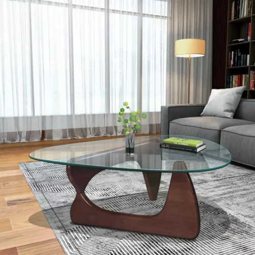 Noguchi-style 12mm Glass Triangle Coffee Table With Wood Stand Dark Walnut