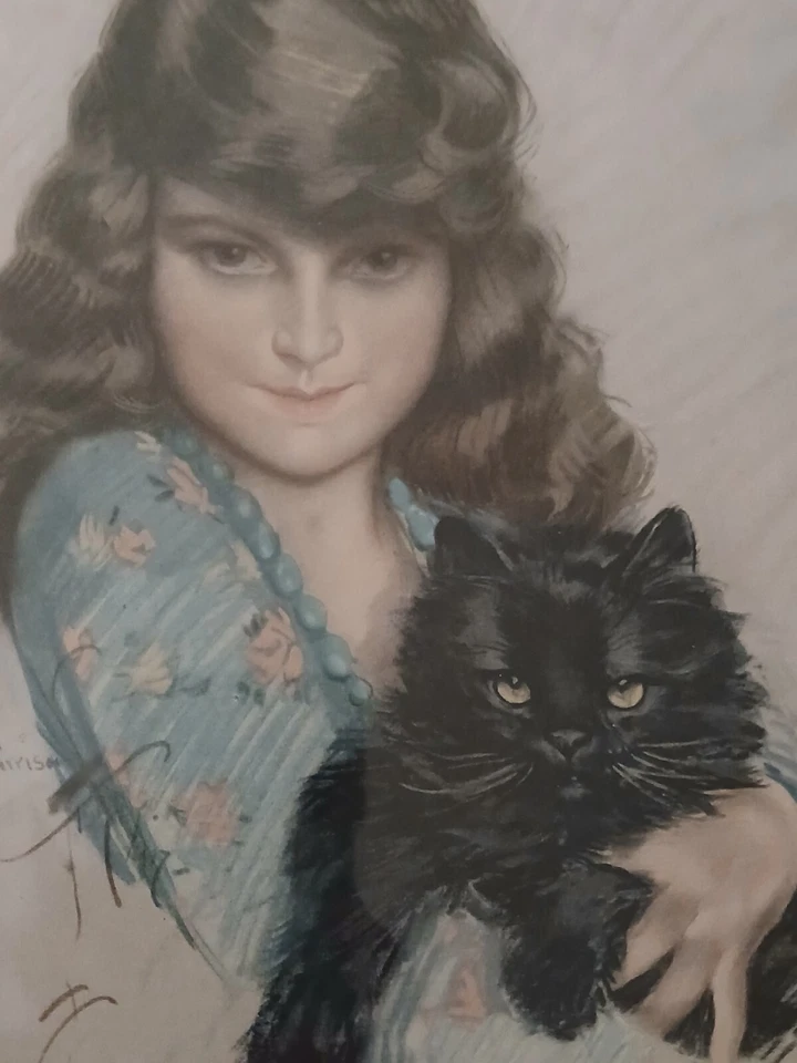 Vintage Quadro Harrison Fisher Estampa "Chums" Menina com Gato-1918 Cosmo Mag. 15x18 - Imagem 3 de 4