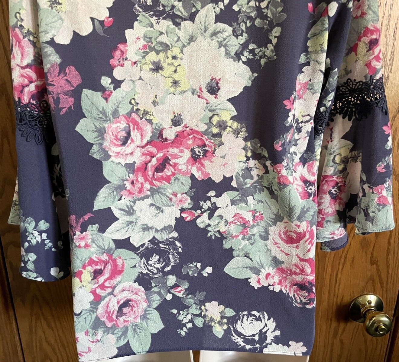 I.N. San Francisco Multicolor Floral Top V-Neck 3/4 Sleeves Lace Women's Size S