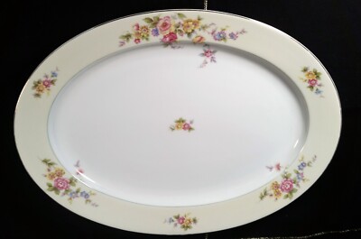 Meito N.S.P. China I213 Oval Serving Platter Blue Border Floral Sprays 16''