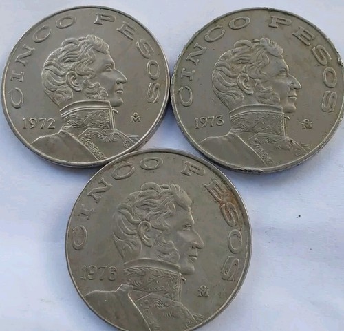 3 Mexico 5 Peso Copper Nickel Coins-1972 1973 & 1976 Extra Fine Luster-Free Post
