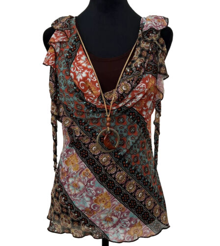 VNTG Boho Print Sheer Stretch Tank Top Blouse Sz S Y2K W/ Necklace Ruffle Hippie - Picture 1 of 7