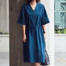 UNIQLO U Short Sleeve Cotton Shirt Dress in Blue Size XS