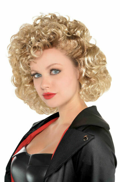 DELUXE SANDY CURLY BLONDE 1950s PINK LADIES GREASE COSTUME WIG 