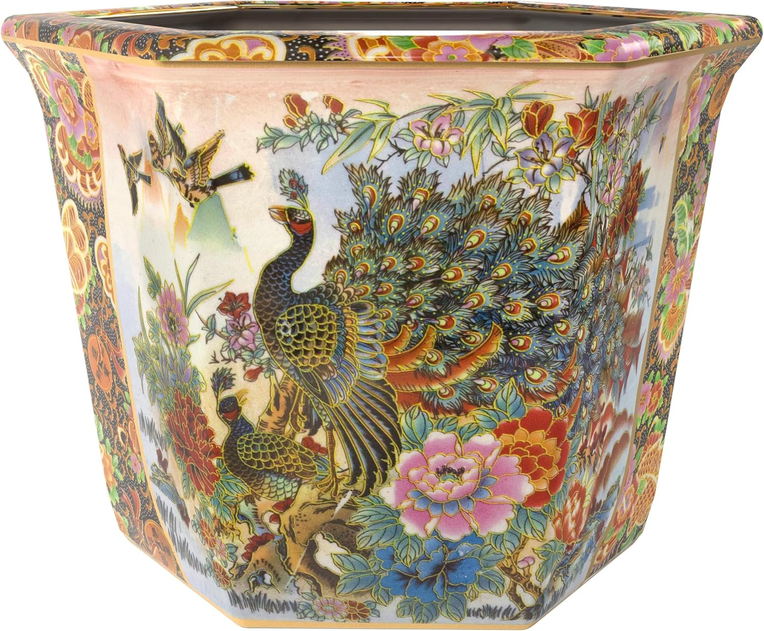10" Porcelain Flower Pot, Satsuma Ladies & Peacock