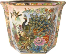 10" Porcelain Flower Pot, Satsuma Ladies & Peacock
