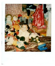  1970s Baby with Stuffed Animals Toys Mickey Mouse  Polaroid Photo