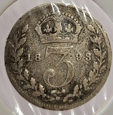 1893 Great Britain 3 Pence KM# 777 Silver Circulated Coin - FREE SHIPPING!