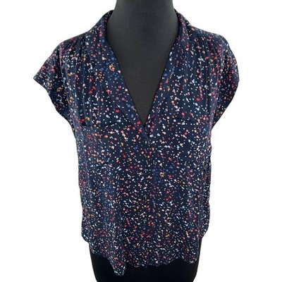 Anthropologie MAEVE Navy Confetti Print Cap Sleeve V-Neck Button-Down Size S