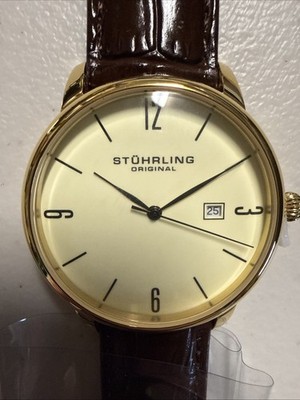 Stuhrling Original GGI-L Ascot Slim Dress Watch Gold Tone Champagne Dial Brown