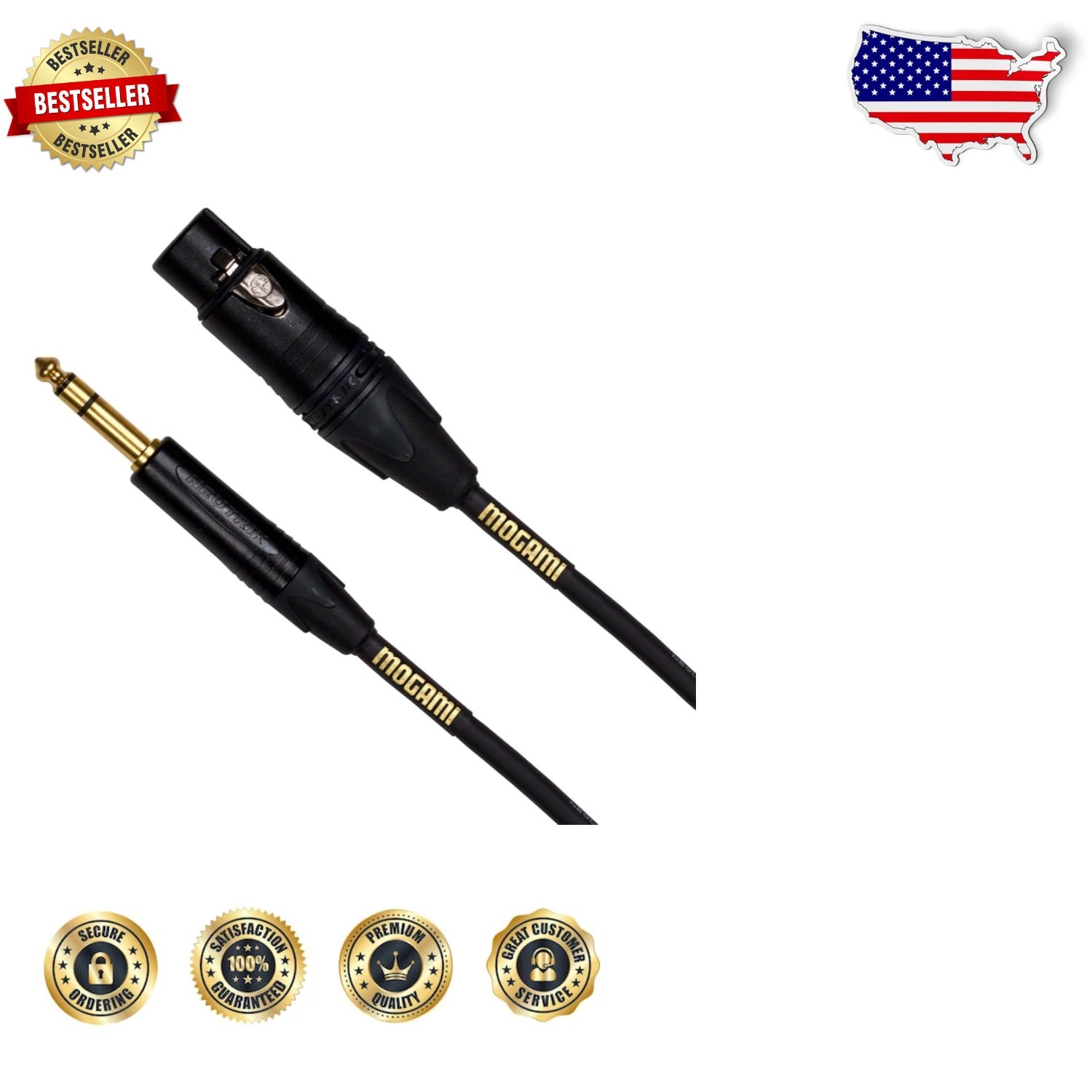 High-Quality 3ft Pro Audio Cable Neglex Studio Quad Gold TRS