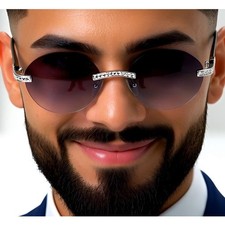 Rhinestone Rimless Sunglasses Round Lens Fashion Shades Designer Style Elegant