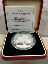 1996  Silver Proof £5 Crown Queen Elizabeth II 70th Birthday + COA