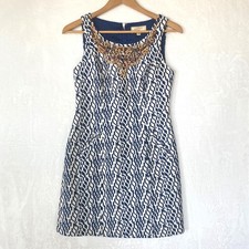 Moulinette Soeurs Anthro Blue White Beaded Neckline Sleeveless Sheath Dress 2