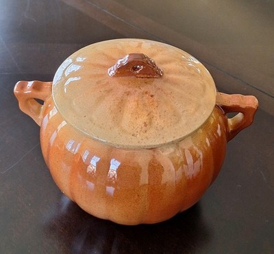 Peedee Pottery Bean Pot Orange Pumpkin Shape Tureen with Cover Oven Ware Vintage