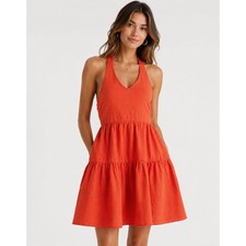 American Eagle Orange Linen Blend Tiered Halter Dress Size Medium Flowy Boho