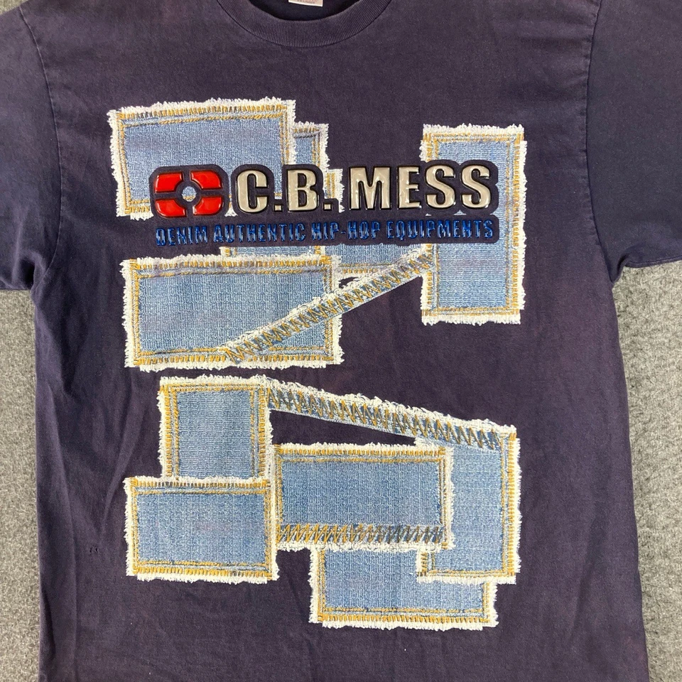 Vintage años 90 C.B. Camiseta MESS 2XL Azul Marino Denim Gráfico Camiseta Hip Hop Streetwear Foto 2 de 4