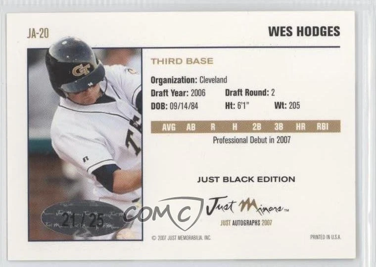 2007 Just Minors Just Auto Black Auto /25 Wes Hodges #JA-20 Auto - Image 2 of 2