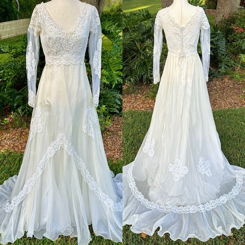 Vintage 1960s Alfred Angelo Edythe Vincent Wedding Dress Train Lace Floral - Picture 1 of 16