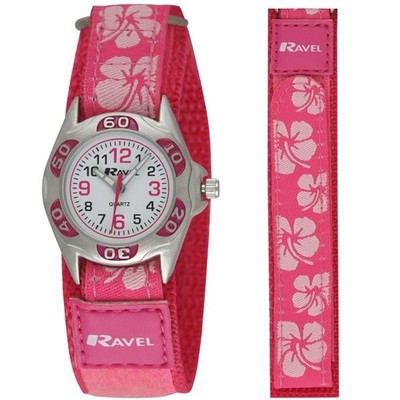 Ravel Mädchen Hibiskus rosa Blumenmuster einfacher Verschluss Armband Uhr NEU