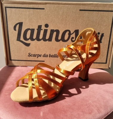 Scarpe Danza Latina Donna Punta Aperta Con Strass - Suola Scamosciata Per Salsa E Bachata, Bronzo EU 37