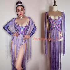 Purple Sequins Stretch Bodysuit Singer Tassel Jumpsuit Drag Queen Rave Outfit