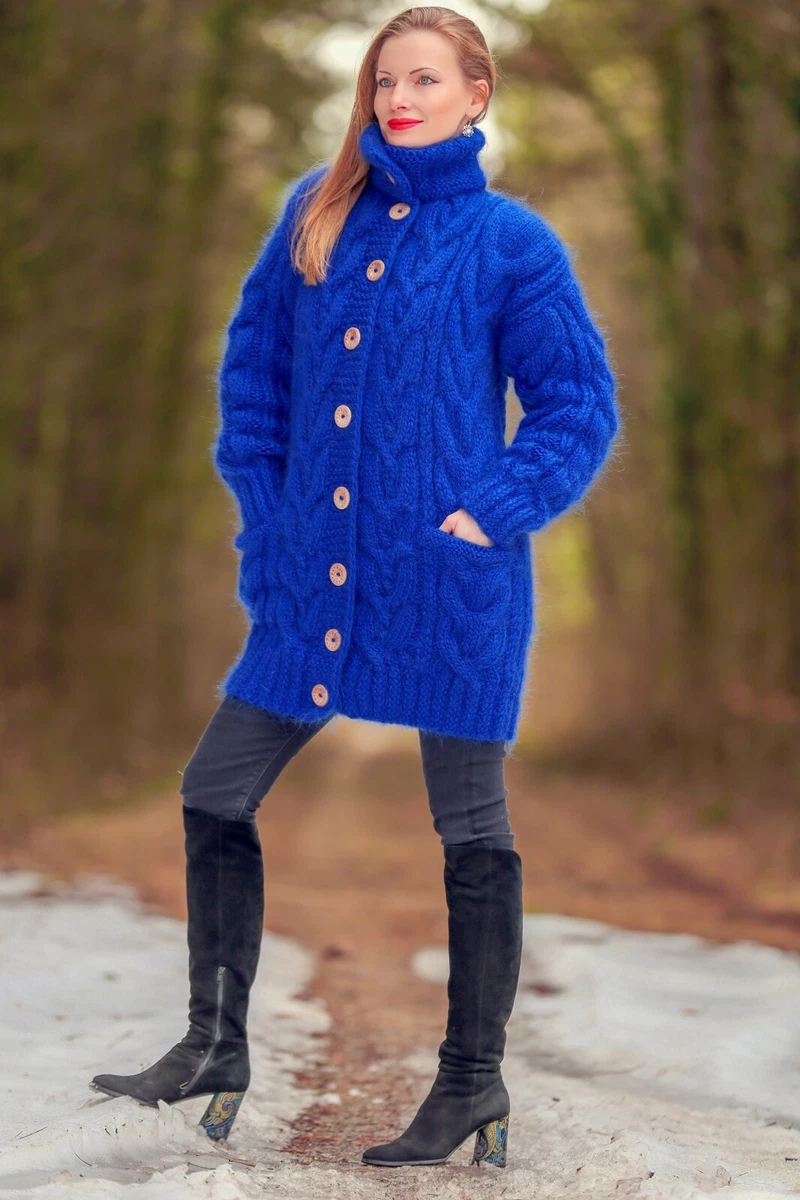 Blue mohair cardigan cable knit sweater coat hand knit thick