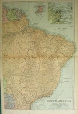 1894 ANTIQUE MAP ~ SOUTH AMERICA EAST BRAZIL GUIANA TINIDAD RIO DE JANEIRO